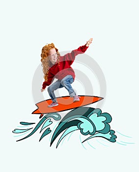 Creative colorful design. Contemporary art collage. Cheerful little girl, child dreaming to surf on board. Ocean sport