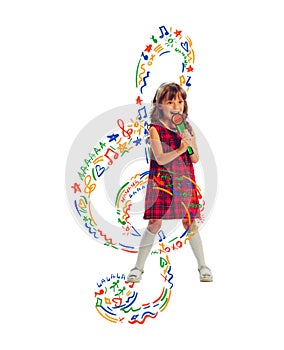 Creative colorful design. Contemporary art collage. Cute little girl, child dreaming to become a singer.