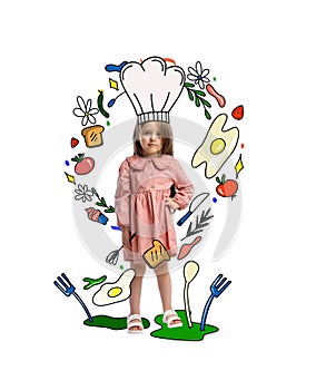 Creative colorful design. Contemporary art collage. Little cute girl, child dreaming to become a chef. Cooking activity