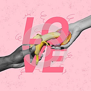 Creative colorful design. Male and female hands with banana and donut reaching each other isolated on pink background