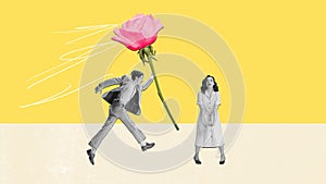 Creative colorful design. Modern art collage. Young man running to give beautiful woman flower over yellow background