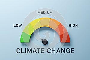 Creative colorful speedometer scale on blue background. Performance, Climate change, pointer rating risk levels, meter, tachometer