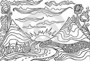 Creative coloring page fantasy with a mountain landscape,clouds,sun and the road leading into the sunset. Cartoon doodle style