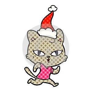 A creative comic book style illustration of a cat out for a run wearing santa hat