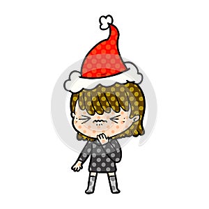 A creative comic book style illustration of a girl regretting a mistake wearing santa hat