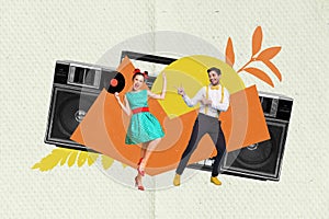 Creative composite concept collage photo of crazy carefree couple guy girl dancing together at retro party isolated