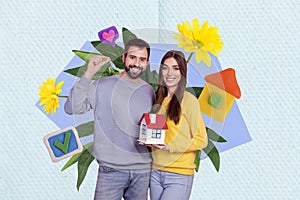 Creative composite concept collage photo of happy positive young family buy new apartments holding small house isolated