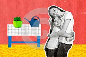 Creative composite photo collage of happy positive mother daughter cuddle together in cozy house indoors isolated on