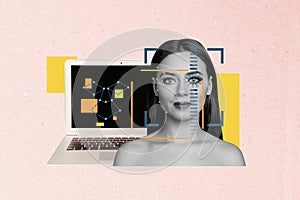 Creative composite photo collage illustration of girl scanning eye face id to access data files on computer isolated on