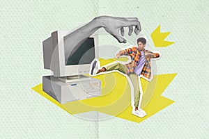 Creative composite photo collage of serious funny guy kicking retro display with big arm resists manipulation 