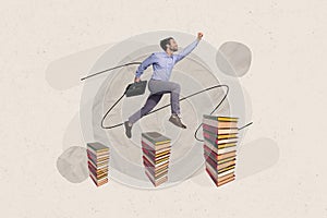 Creative composite photo collage of young businessman running studying more get information read books fist up isolated