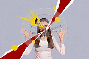 Creative composite photo illustration collage of furious angry mad girl screaming in anger raising palms isolated on