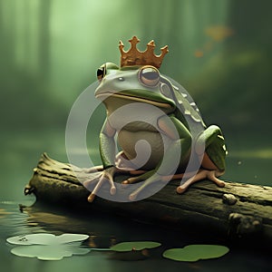 A creative composition of a frog wearing a crown sitting on a log in a Japanese anime style - generated by ai