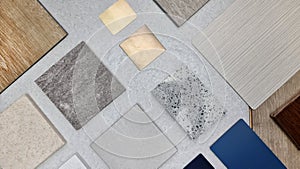 creative composition of interior material samples contains panels and tiles. stylish interior moodboard.