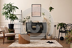 Creative composition of living room interior with mock up poster frame, black sideboard, round coffee table, stylish armchair,