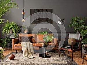 Creative composition of living room interior with mock up poster frame, brown sofa, leather armchair, black coffee table, plaid,