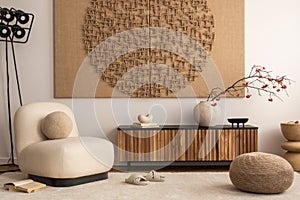 Creative composition of living room interior with mock up poster frame, white armchair, wooden sideboard, sculpture, rug, vase