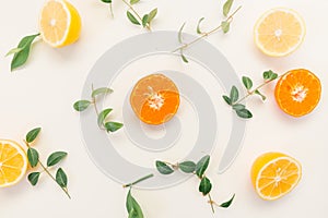 Creative composition made of citrus fruits lemon , orange with green leaf colors on white background, flat lay