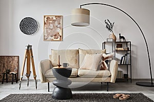 Creative composition of modern living room interior with mock up poster frame, beige sofa, side table. Template. Copy space.