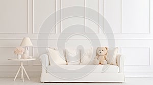 Creative composition of stylish and cozy child room interior plus. Generative Aih pillow and stool