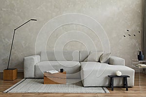 Creative composition of stylish japandi modern living room with grey sofa, wooden cubes and small personal accessories.