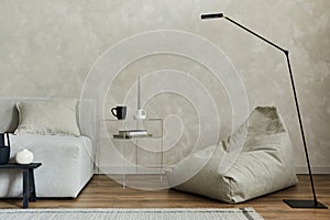 Creative composition of stylish modern spacious living room with pouf, sofa, coffee table, carpet and small personal accessories.