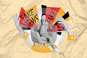 Creative concept abstract collage photo of young excited funny woman sit on chair hold tablet read fake news isolated