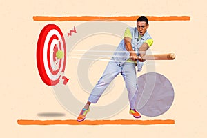 Creative concept abstract photo collage of purposeful successful sportsman playing baseball hit mark isolated on drawing