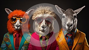 A creative concept of an animal donning colorful outfits, isolated against a solid background.