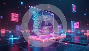 Creative concept of assembling web page from modules on screen. Web design studio on computer display. App modules showcase