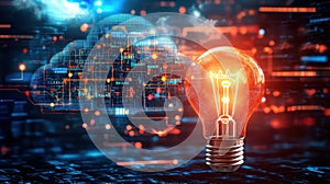 Creative Concept of Cloud Computing with Light Bulb and Data Flow