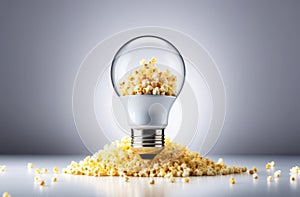 A creative concept depicting a light bulb overflowing with popcorn, suggesting an innovative idea related to entertainment or