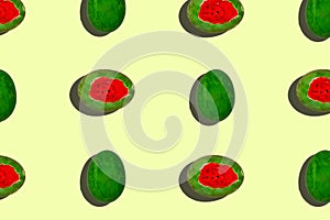 creative concept of easter egg that looks like a watermelon lined up one open one closed egg watermelon