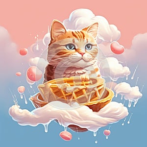 Creative concept food illustration pet cat in sweet waffle fish with ice cream
