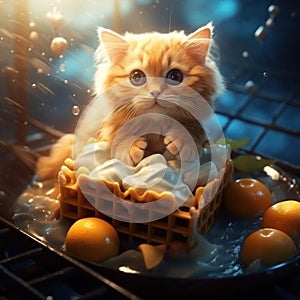 Creative concept food illustration pet cat in sweet waffle fish with ice cream