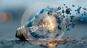 Creative concept of a glowing light bulb exploding with vibrant clouds of colorful particles