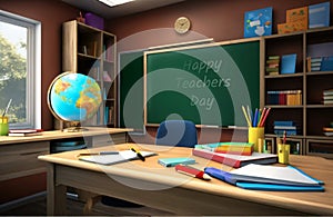 Creative concept of Happy Teachers Day illustration. Back to school. Books & stationery on wooden table with empty classroom