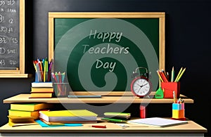 Creative concept of Happy Teachers Day illustration. Back to school. Books & stationery on wooden table with empty classroom