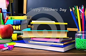 Creative concept of Happy Teachers Day illustration. Back to school. Books & stationery on wooden table with empty classroom