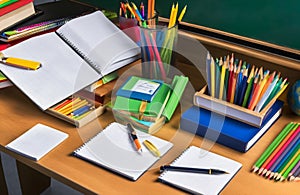 Creative concept of Happy Teachers Day illustration. Back to school. Books & stationery on wooden table with empty classroom