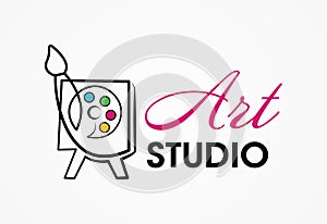 Creative concept of one line for art school or art studio. Easel palette and brush icon. Painting academy sign