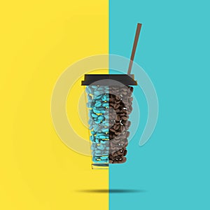 Creative Concept : Outstanding coffee beans in shape of cup on pastel blue and yellow contrast background.minimal concept idea.