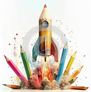 Creative concept of a pencil rocket launching with colorful pencils below