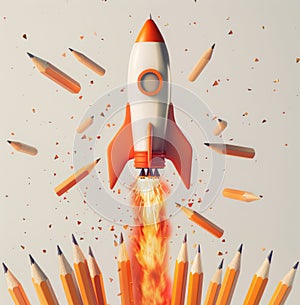 Creative concept of a pencil rocket launching surrounded by scattered pencils and debris on a light background