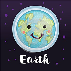 Creative concept planet Earth globe with a sweet cute face smiling for humanity earth day cartoon modern flat design style.