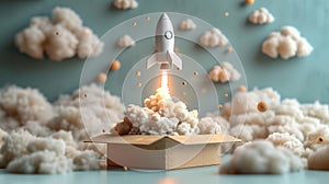 Creative concept of rocket launching from a box - generative ai
