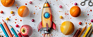 Creative concept of a rocket made from school supplies surrounded by fruits and candy
