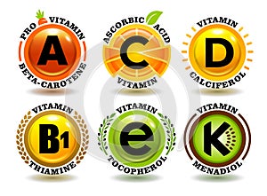 Creative concept vector set of A, B, C, D, E, K vitamin complex signs with cartoon sun symbol, realistic fruit icons