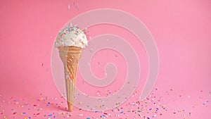 Creative concept of wafer cone with ice cream covered and strewing sprinkles on pink background, copy space, slow motion