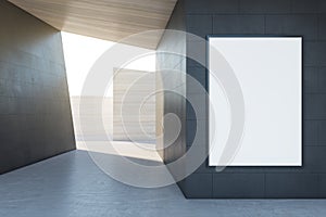 Creative concrete tile space interior background with empty white mock up poster and sunlght. Design and abstraction concept. 3D